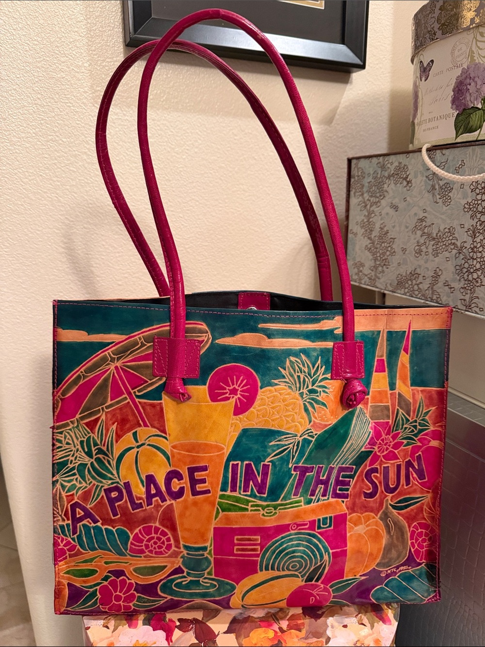 A Place in the Sun Colorful Leather Tote Bag - Pink Multicolor